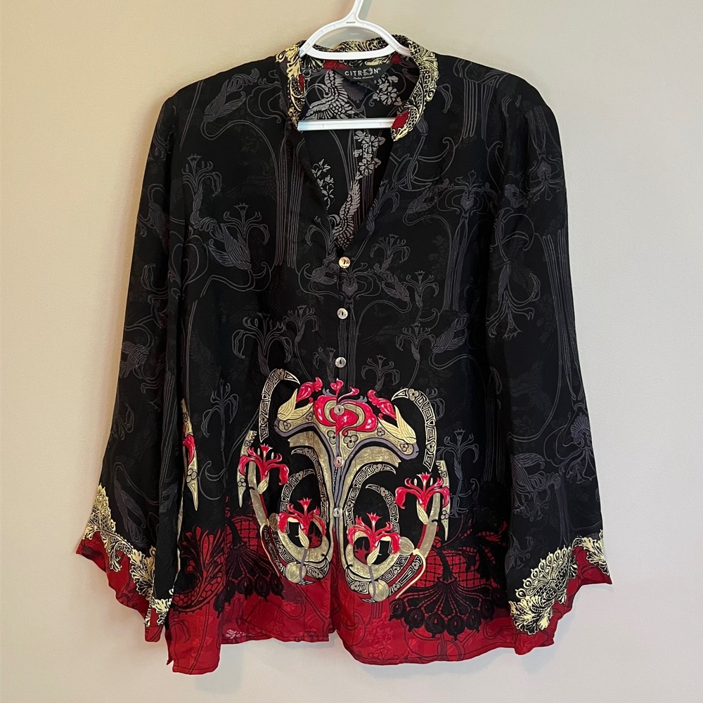 Citron Santa Monica Silk Blouse L Artsy Asian Dragon Mandarin Button Collar